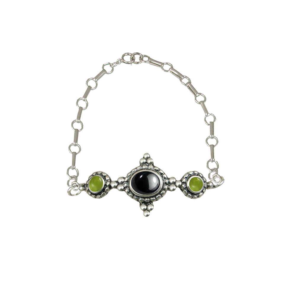 Sterling Silver Gemstone Adjustable Chain Bracelet With Hematite And Peridot
